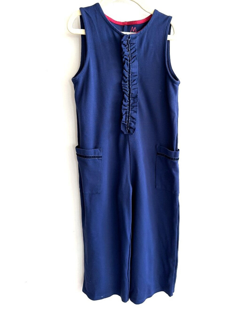 Mini Boden Girls Navy Blue Long Jumpsuit Ruffled Pockets Wide Leg Size 7-8